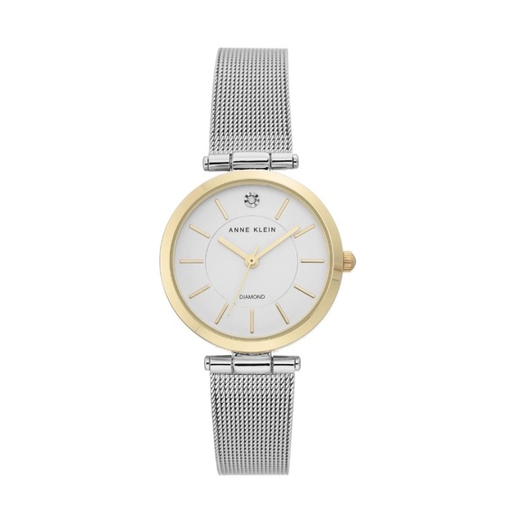 *ANNE KLEIN* Silver x Gold White Dial Women's Mesh Bracelet Watch NWT w/ Box - Picture 1 of 15